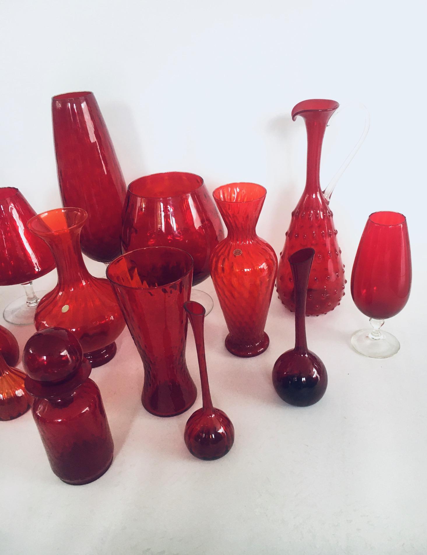 1960's Collection of 14 Vintage Red Glass Vases and Decanters For Sale 10