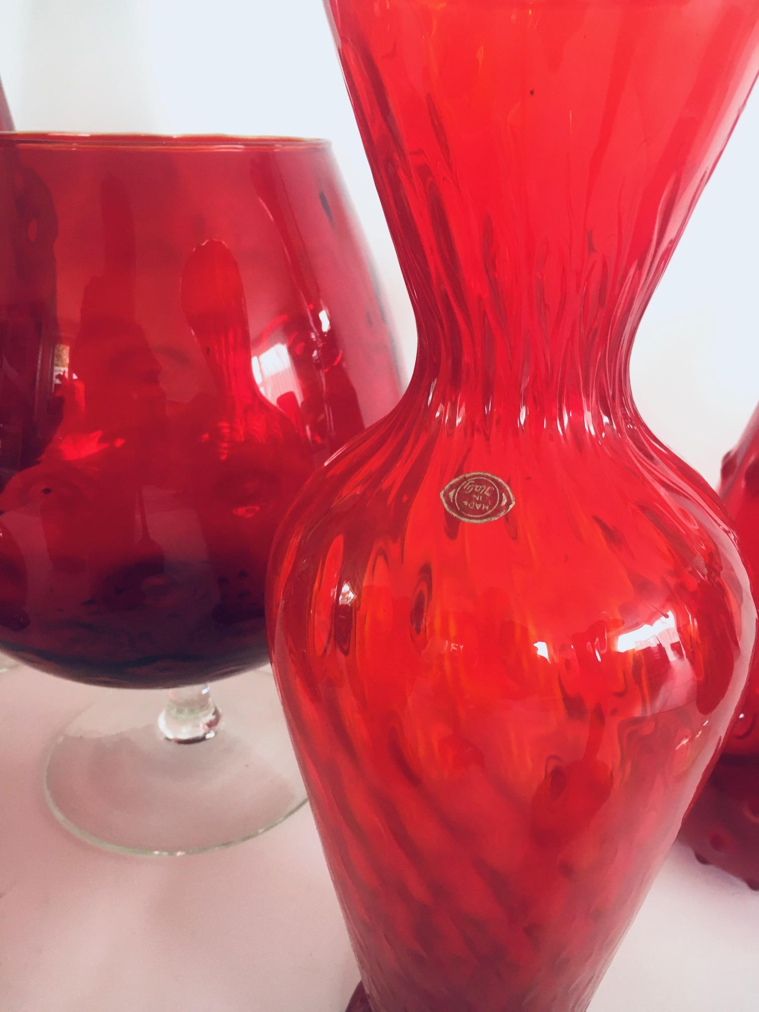 1960's Collection of 14 Vintage Red Glass Vases and Decanters For Sale 11