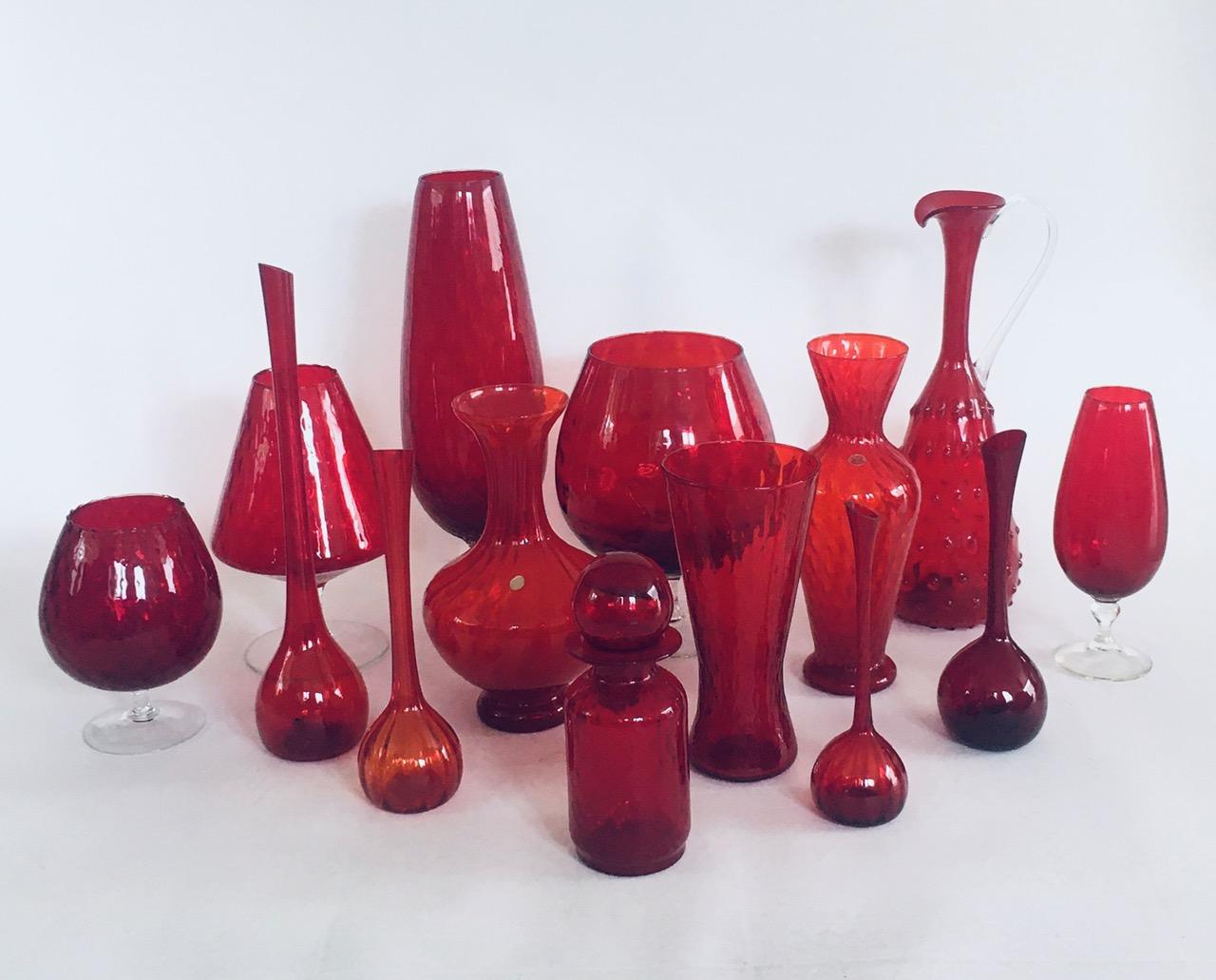 1960's Collection of 14 Vintage Red Glass Vases and Decanters For Sale 13