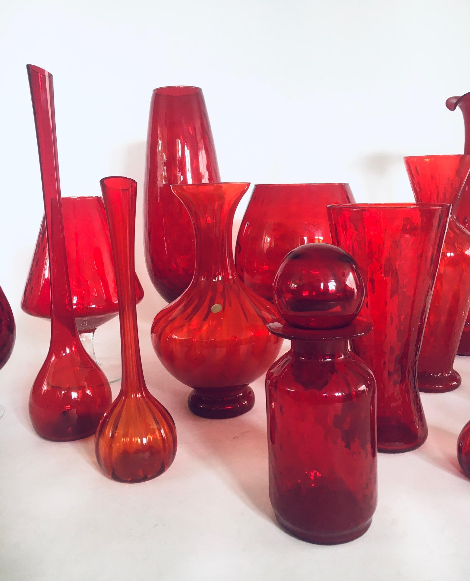 1960's Collection of 14 Vintage Red Glass Vases and Decanters In Good Condition For Sale In Oud-Turnhout, VAN