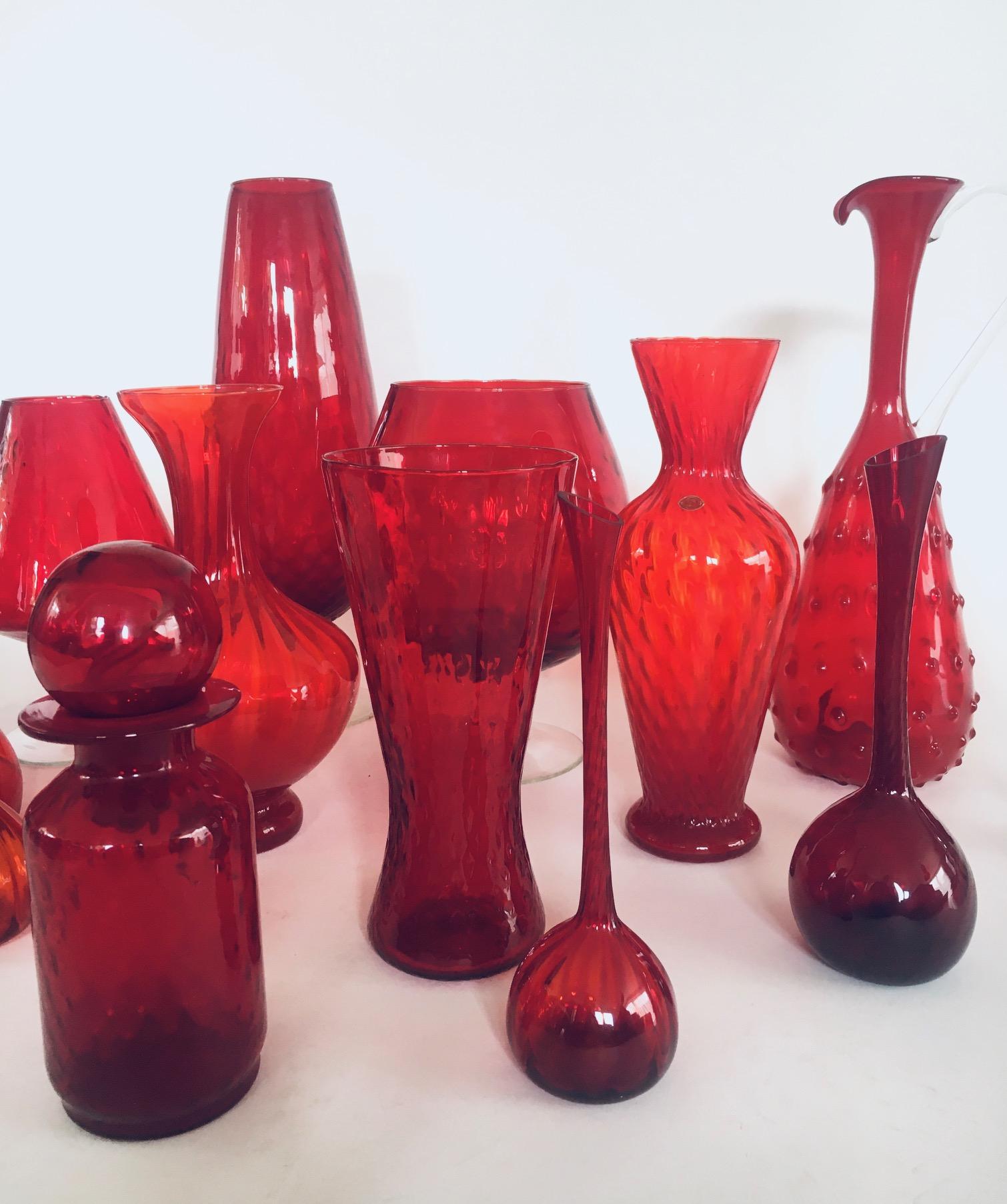 Mid-20th Century 1960's Collection of 14 Vintage Red Glass Vases and Decanters For Sale