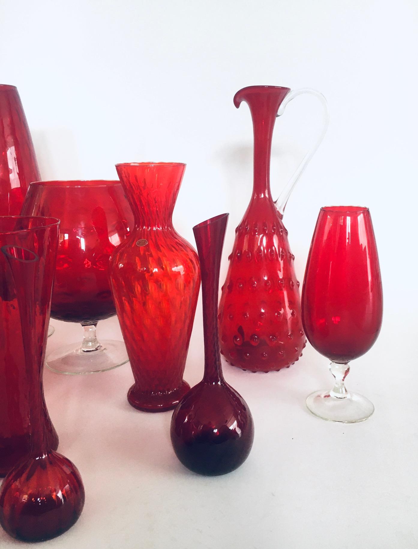 1960's Collection of 14 Vintage Red Glass Vases and Decanters For Sale 1