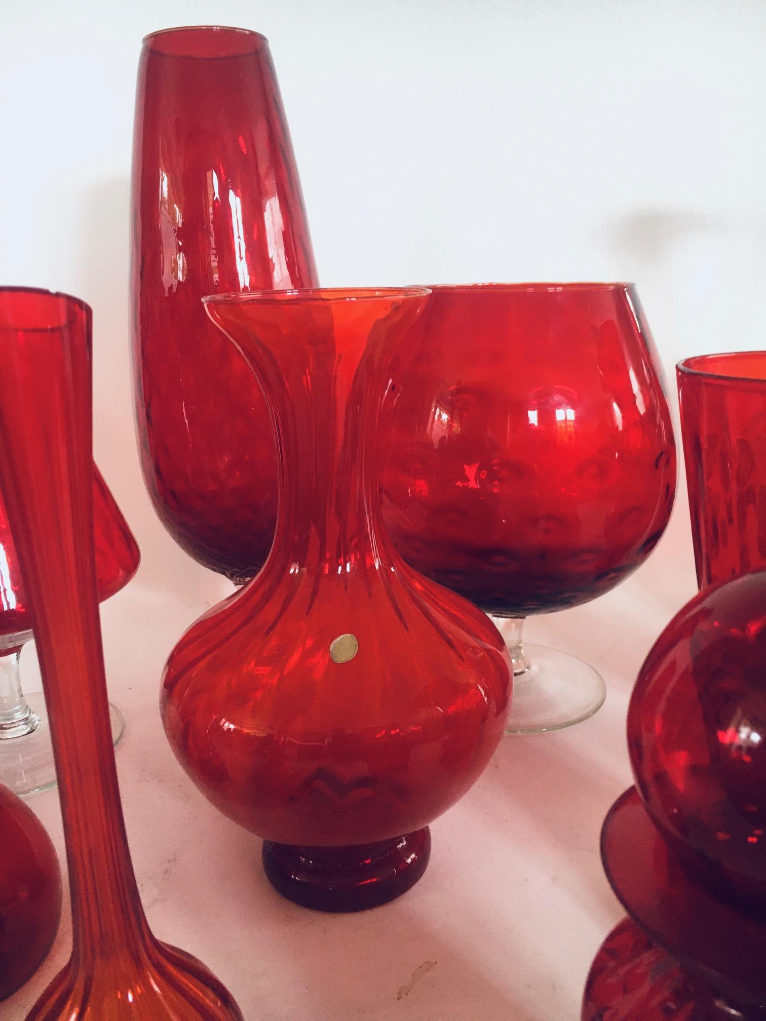 1960's Collection of 14 Vintage Red Glass Vases and Decanters For Sale 2