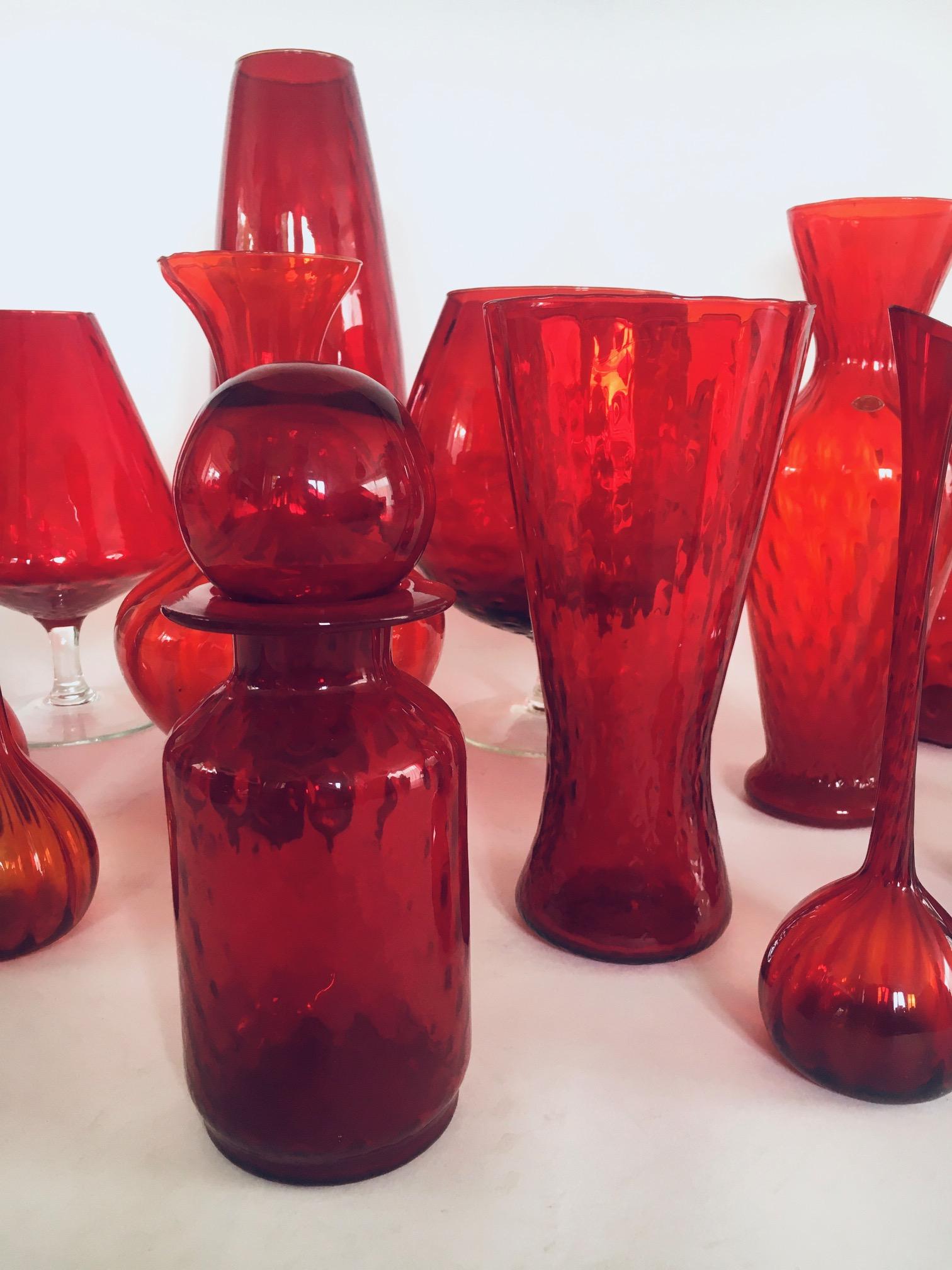 1960's Collection of 14 Vintage Red Glass Vases and Decanters For Sale 3