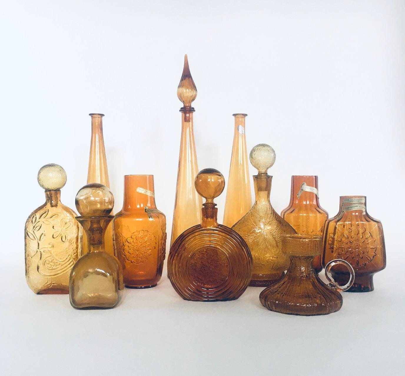 Mid-Century Modern 1960's Collection of Vintage Amber Glass Vases & Decanters, Set of 11 For Sale