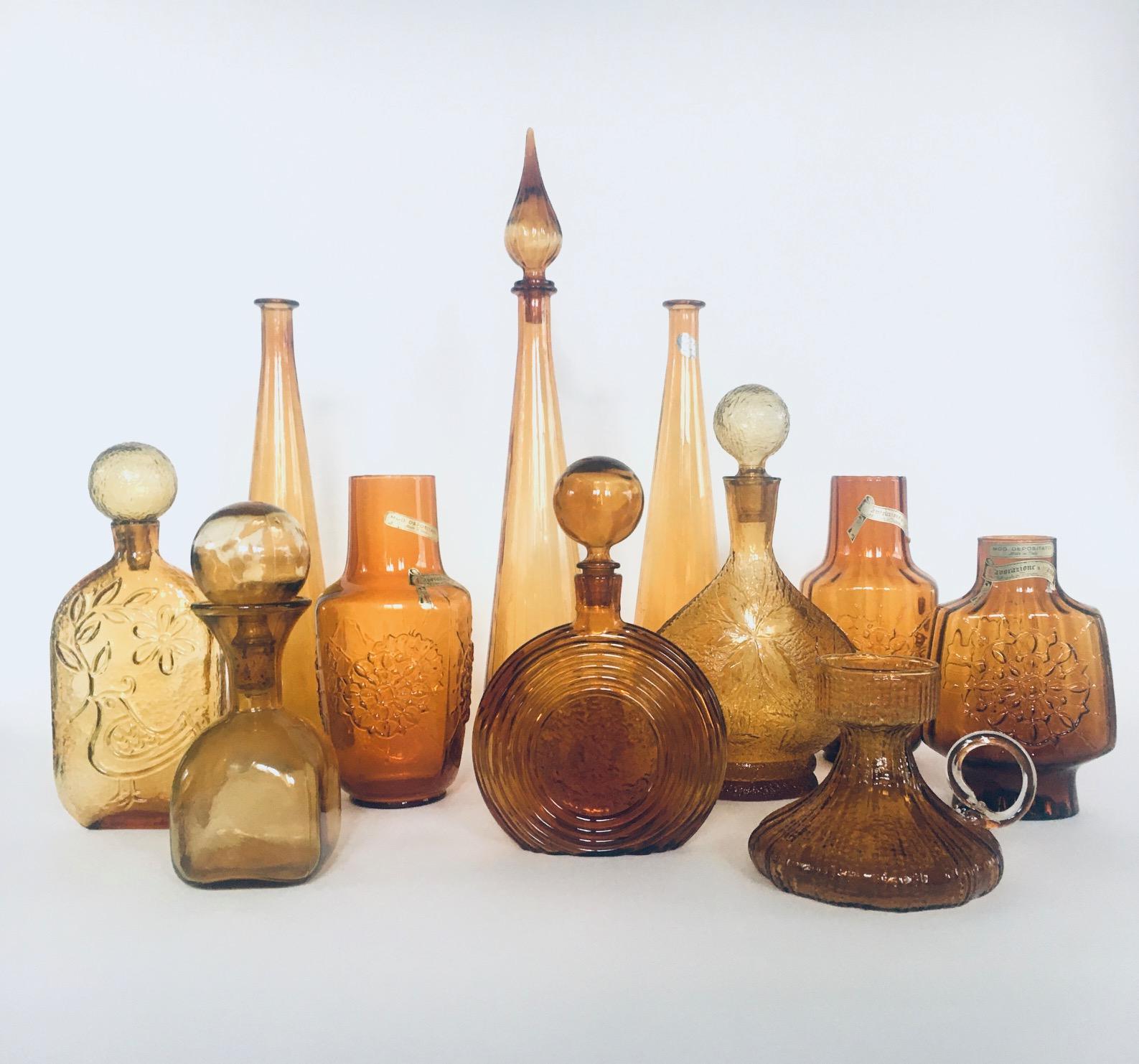 italien The Collective of Vintage Amber Glass Vases & Decanters, 1960's, Set of 11 en vente