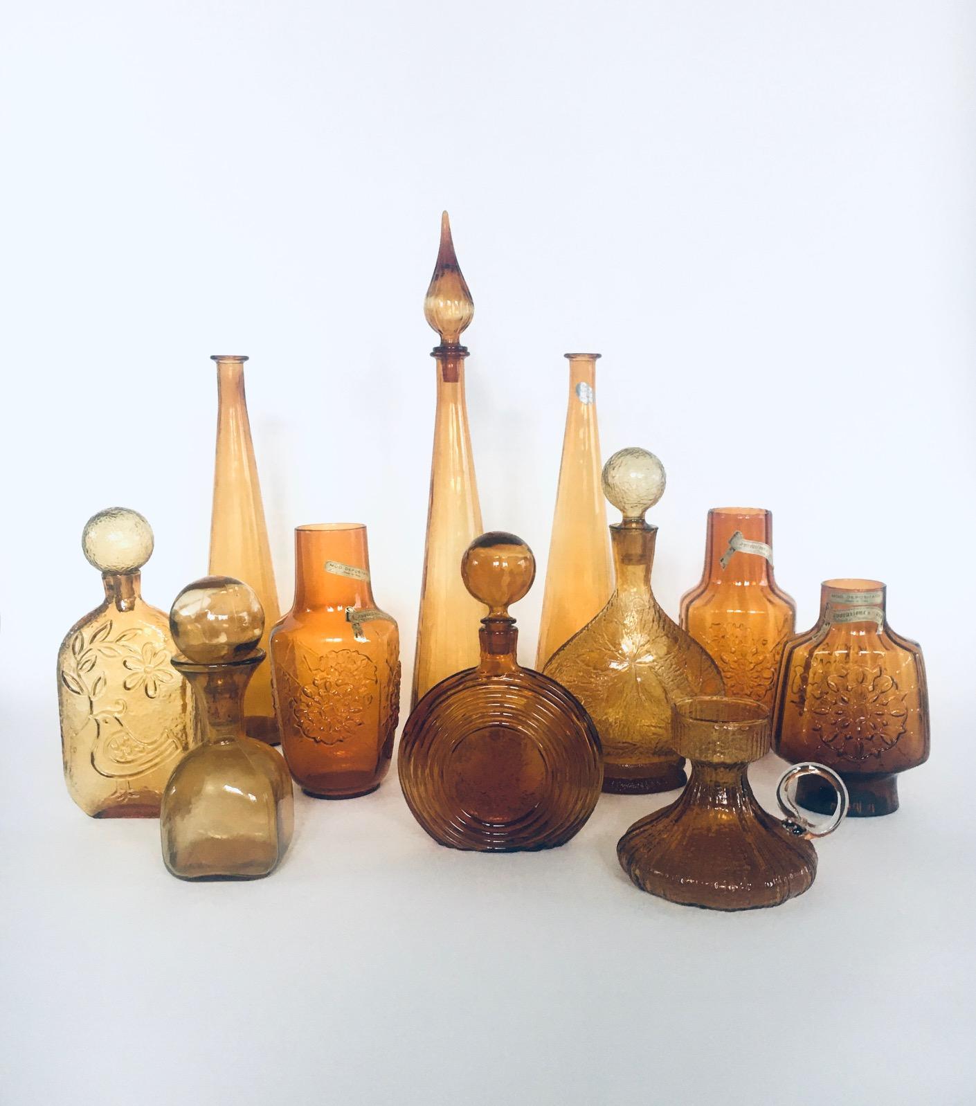 1960's Collection of Vintage Amber Glass Vases & Decanters, Set of 11 In Good Condition For Sale In Oud-Turnhout, VAN