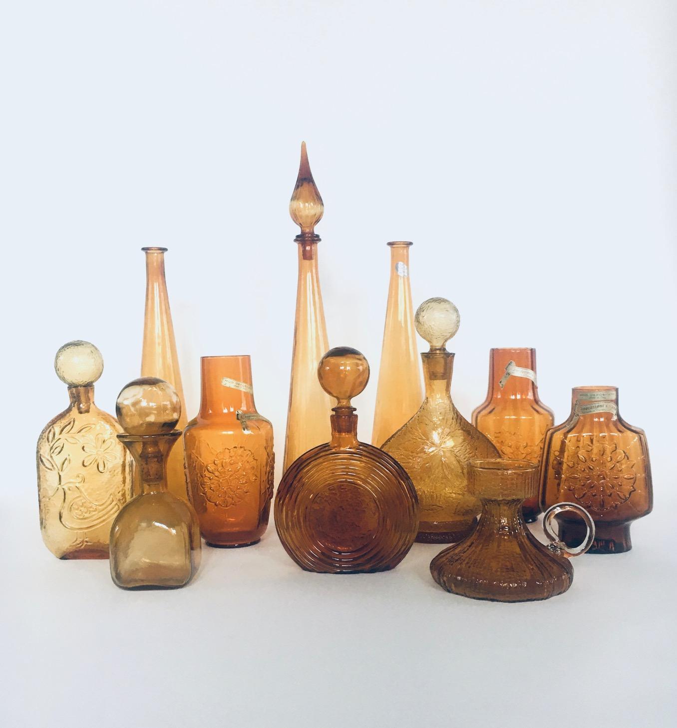 Mid-20th Century 1960's Collection of Vintage Amber Glass Vases & Decanters, Set of 11 For Sale