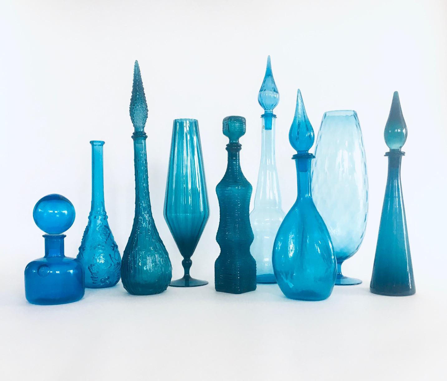 1960's Collection of Vintage Blue Glass Vases and Decanters, Set of 9 For Sale 4