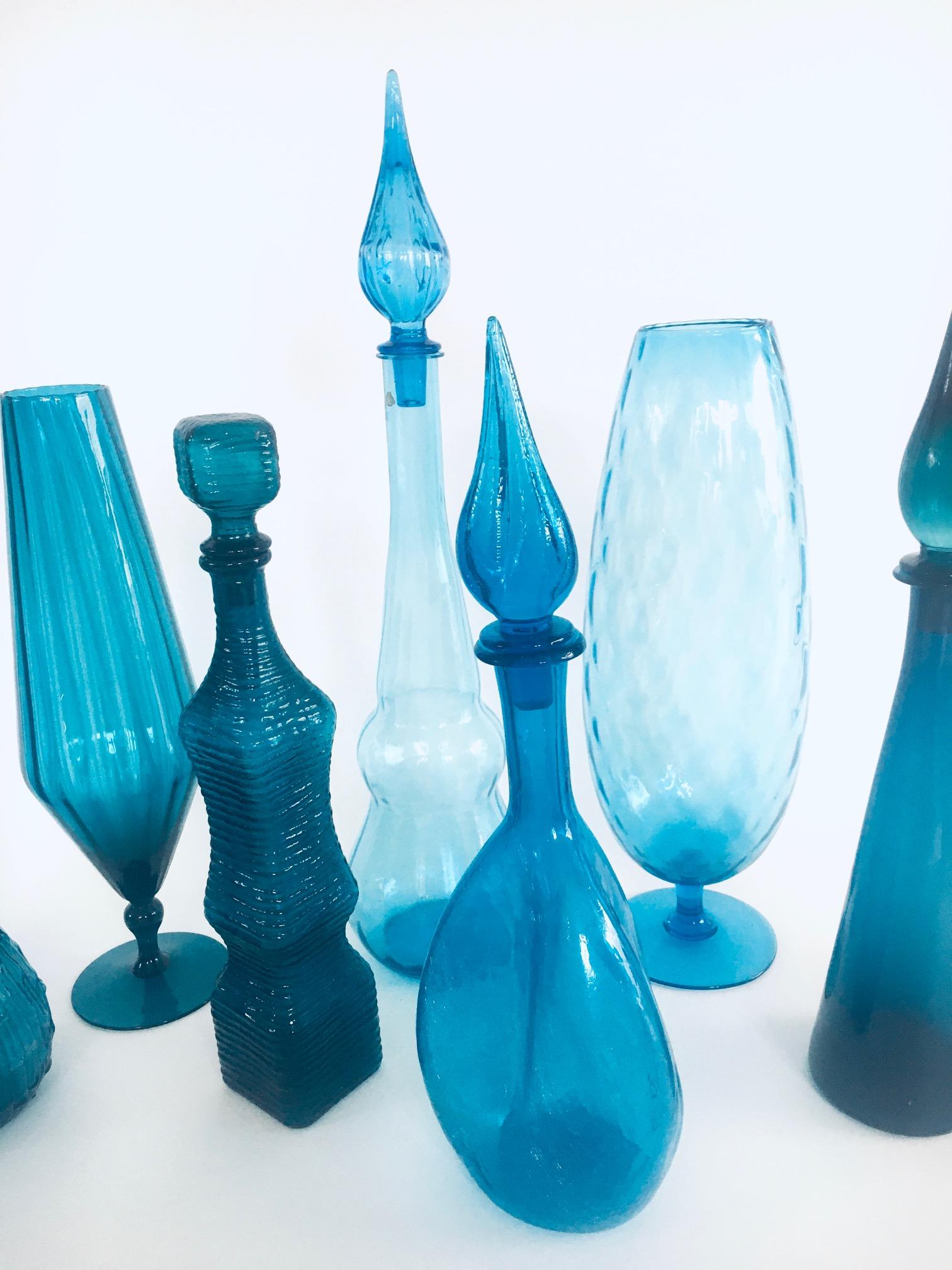 1960's Collection of Vintage Blue Glass Vases and Decanters, Set of 9 For Sale 7