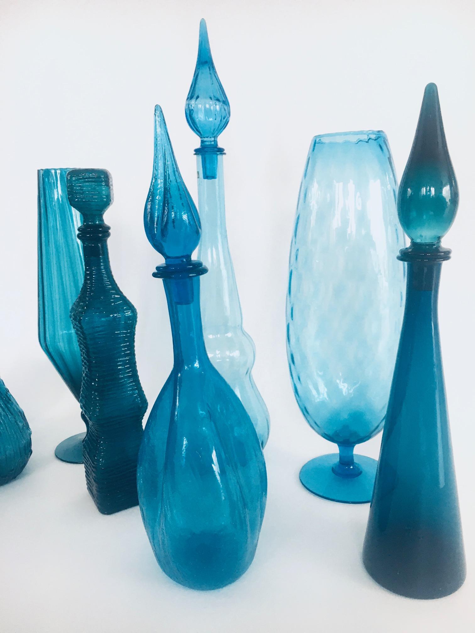 1960's Collection of Vintage Blue Glass Vases and Decanters, Set of 9 For Sale 8