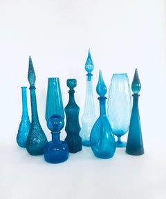 1960's Collection of Vintage Blue Glass Vases and Decanters, Set of 9