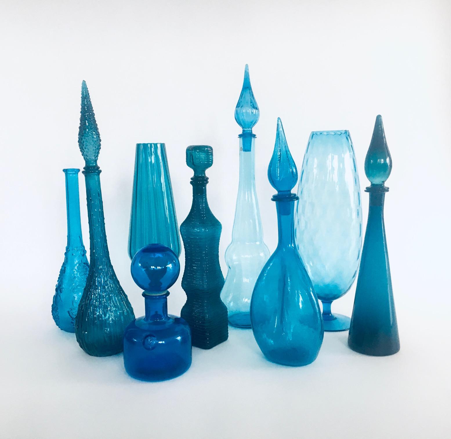 Mid-Century Modern 1960's Collection of Vintage Blue Glass Vases and Decanters, Set of 9 For Sale