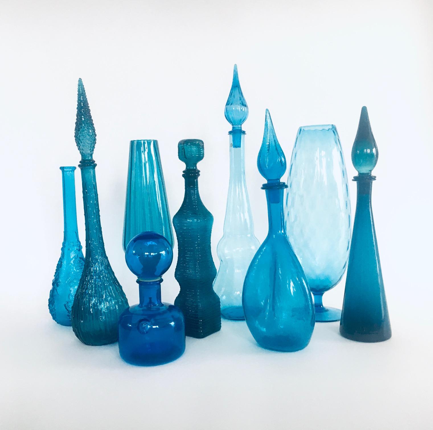 Italian 1960's Collection of Vintage Blue Glass Vases and Decanters, Set of 9 For Sale