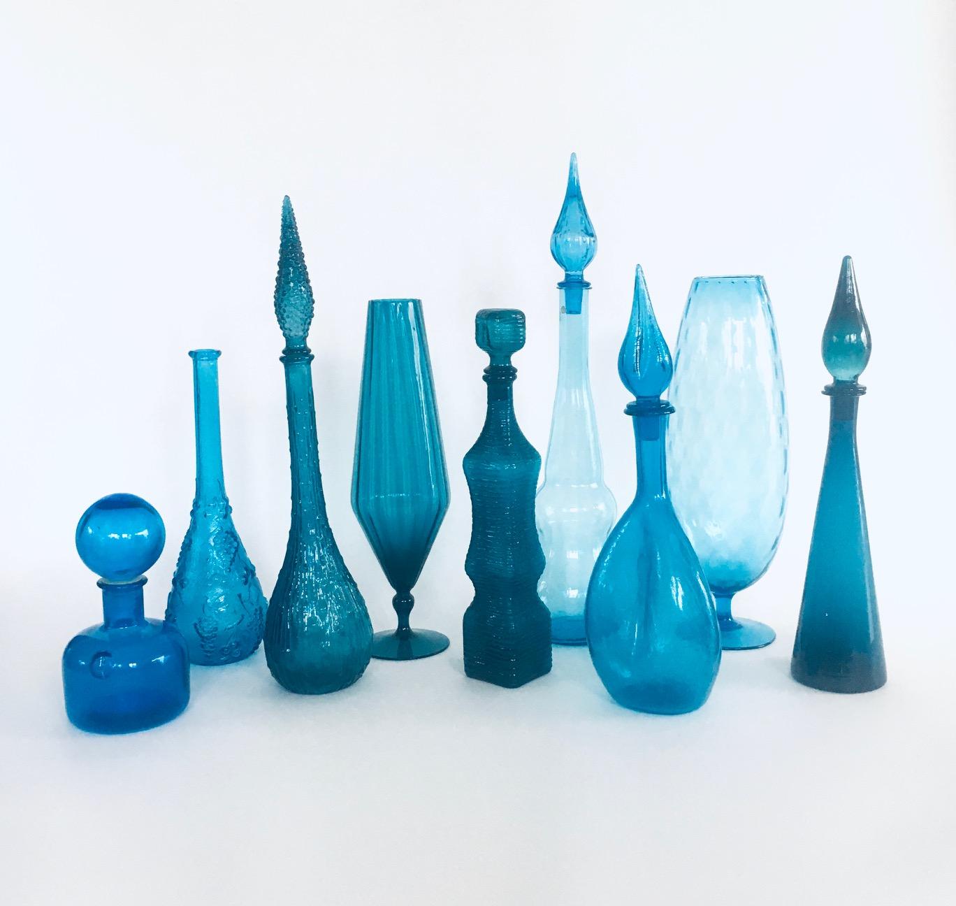 1960's Collection of Vintage Blue Glass Vases and Decanters, Set of 9 In Good Condition For Sale In Oud-Turnhout, VAN
