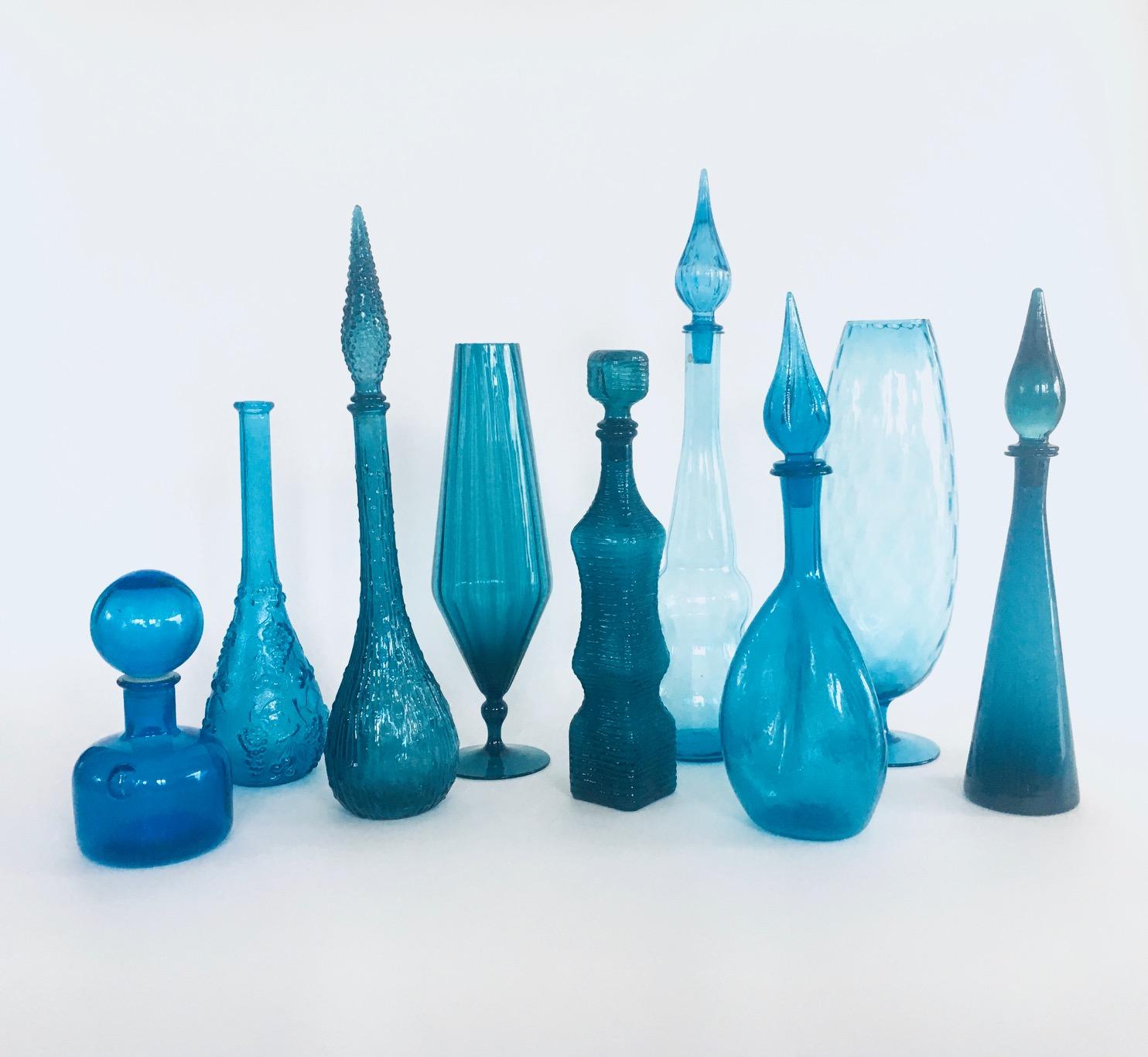 Mid-20th Century 1960's Collection of Vintage Blue Glass Vases and Decanters, Set of 9 For Sale