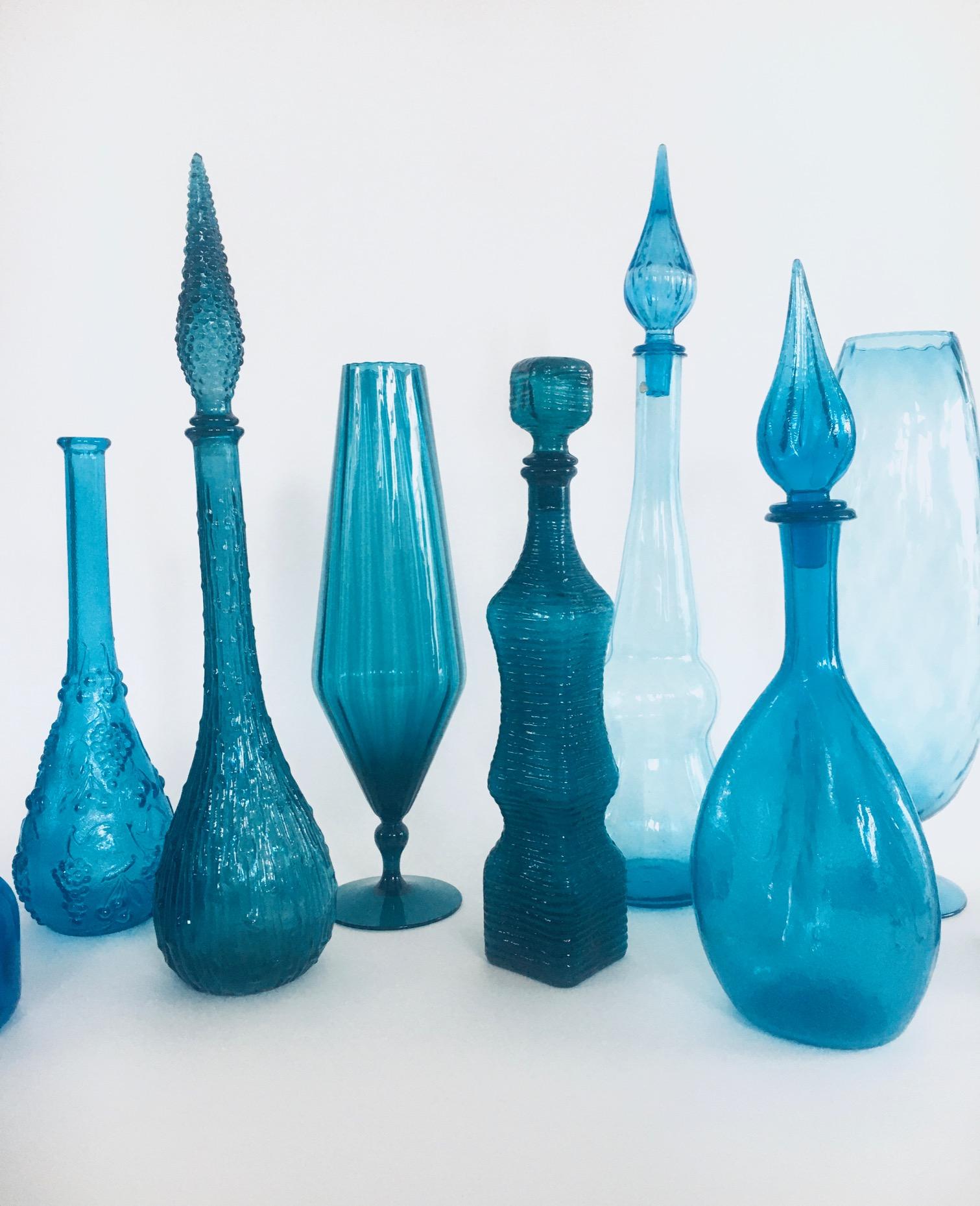 1960's Collection of Vintage Blue Glass Vases and Decanters, Set of 9 For Sale 2