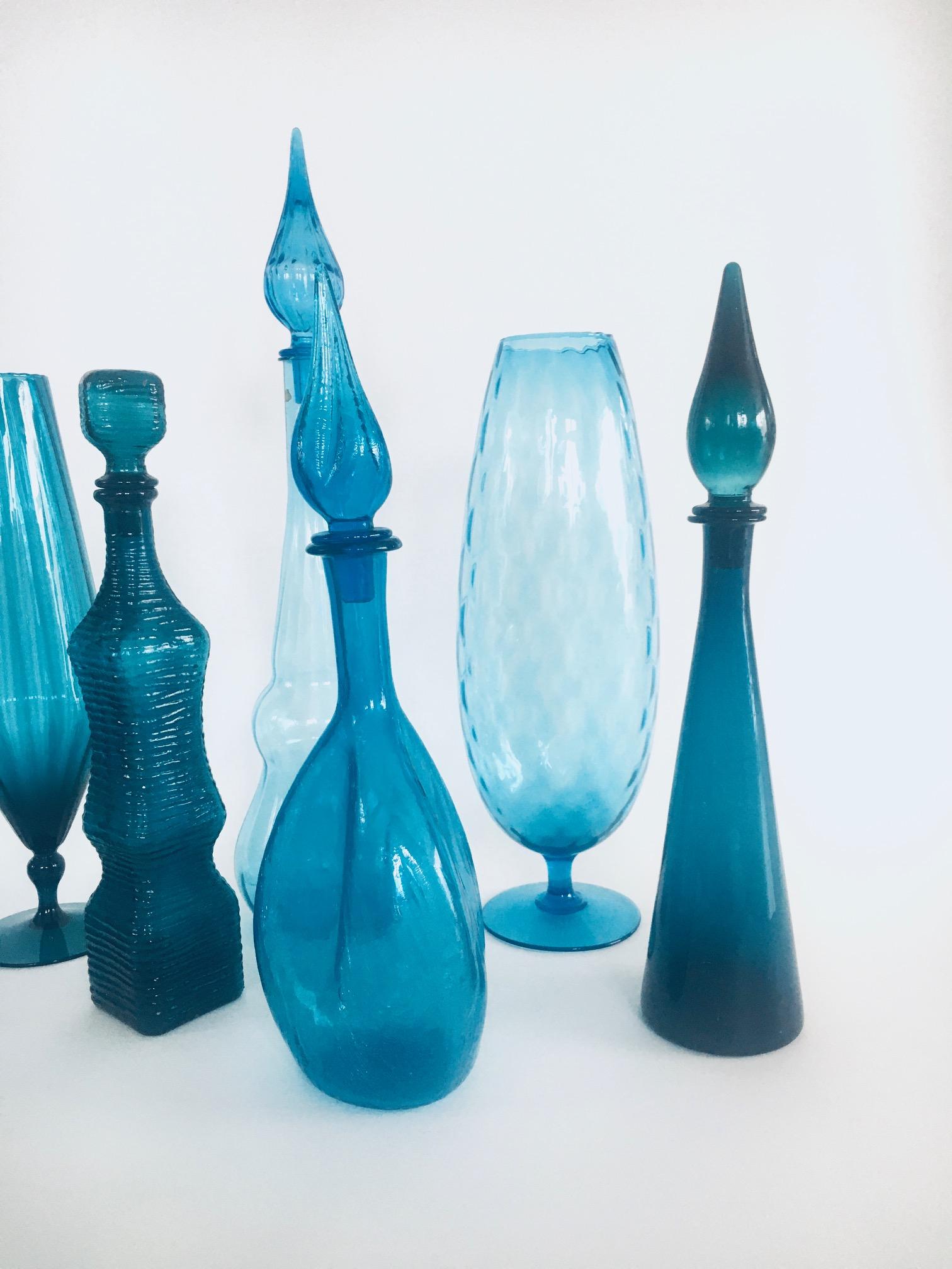 1960's Collection of Vintage Blue Glass Vases and Decanters, Set of 9 For Sale 3