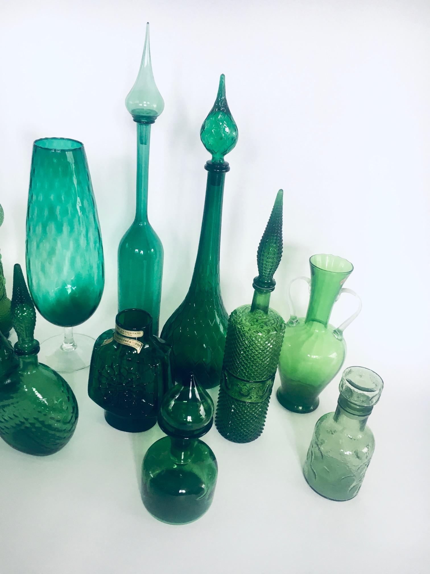 1960's Collection of Vintage Green Glass Vases & Decanters, Set of 12 For Sale 4