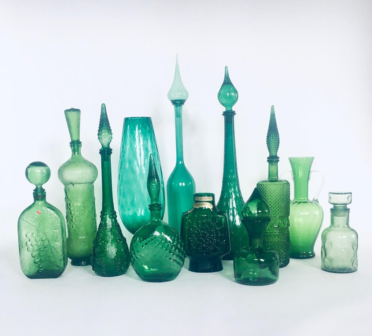 1960's Collection of Vintage Green Glass Vases & Decanters, Set of 12 For Sale 5