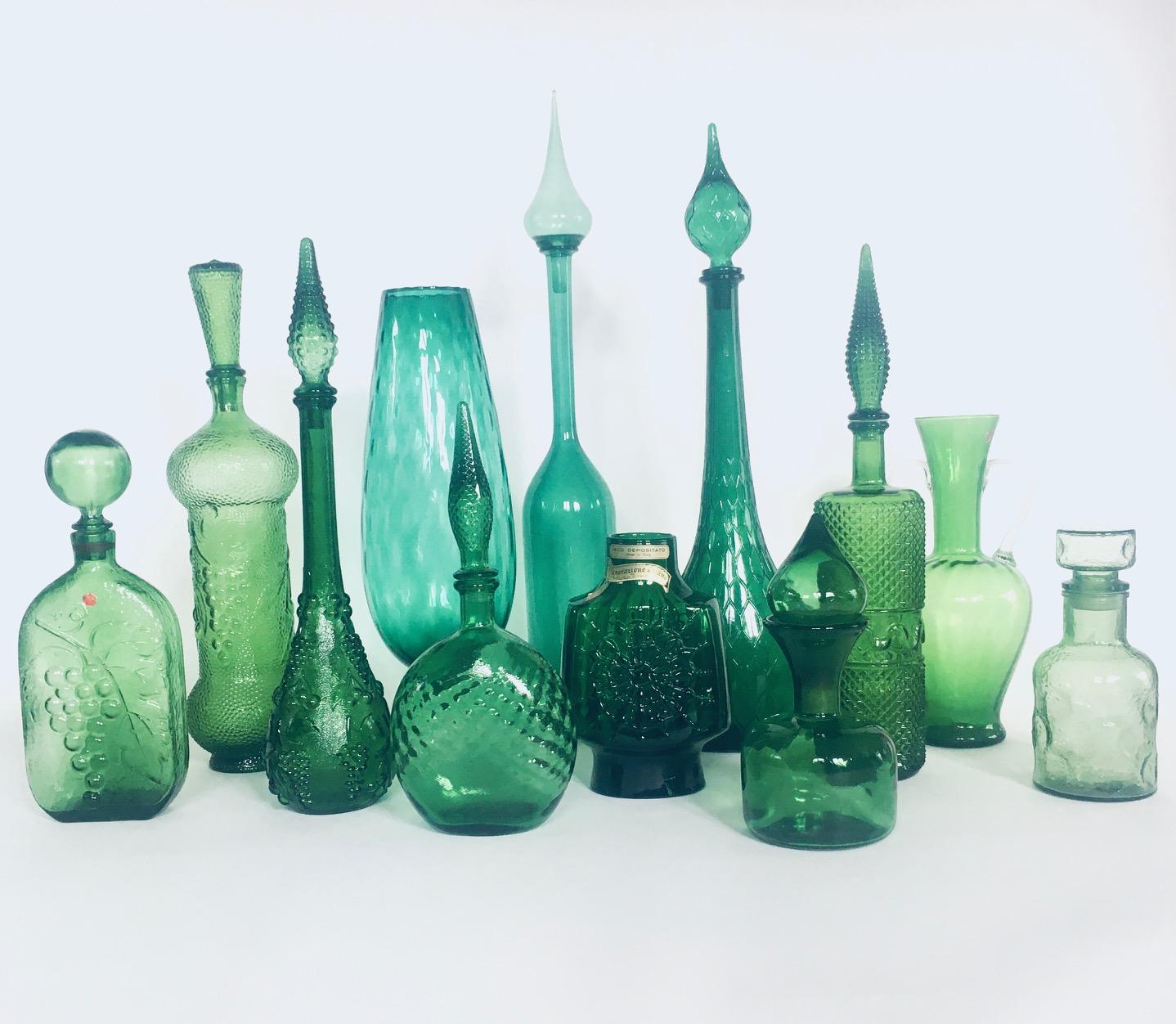 1960's Collection of Vintage Green Glass Vases & Decanters, Set of 12 For Sale 6