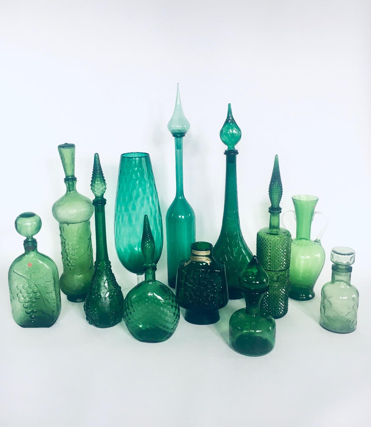 1960's Collection of Vintage Green Glass Vases & Decanters, Set of 12 For Sale 7