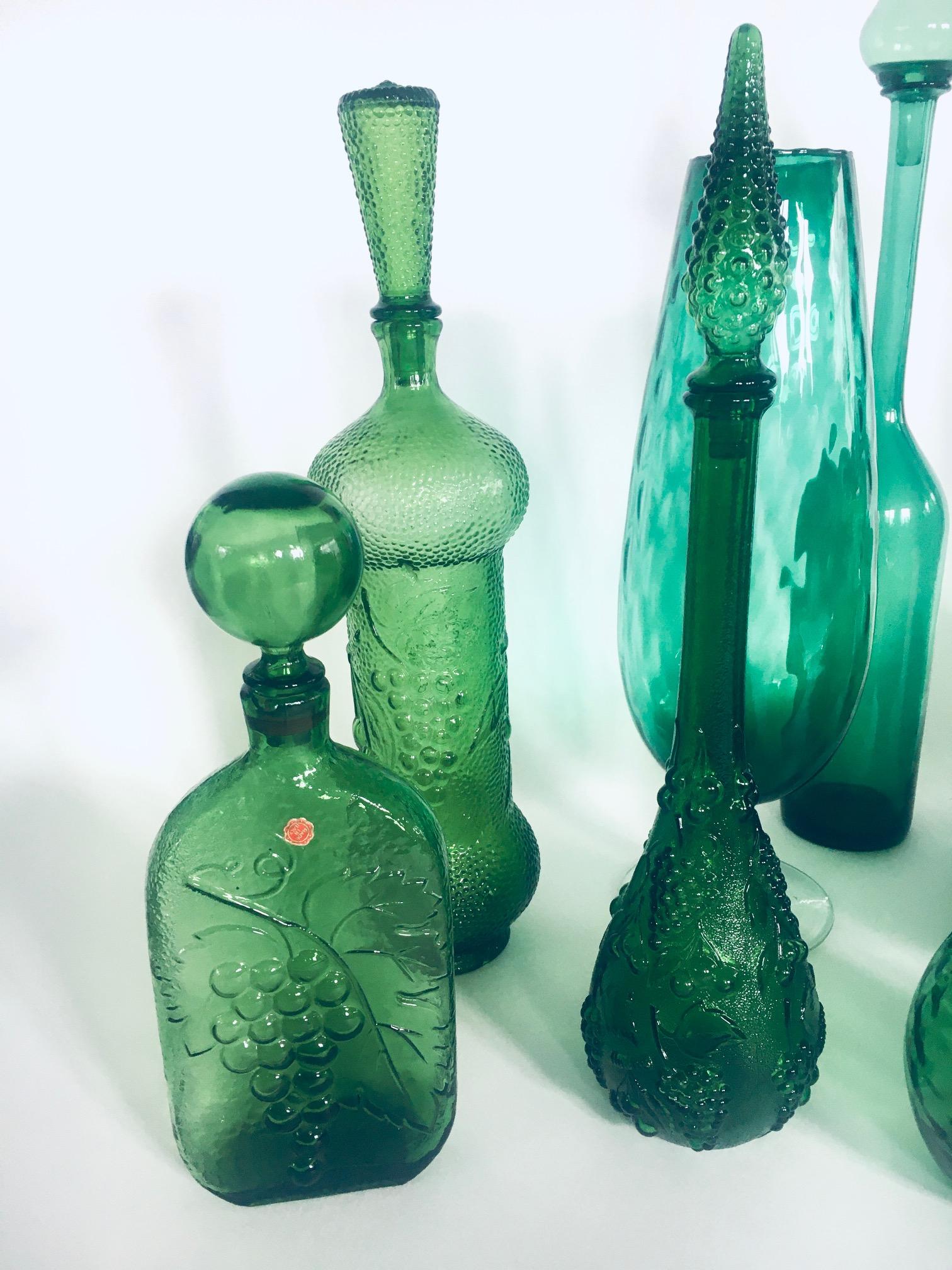 1960's Collection of Vintage Green Glass Vases & Decanters, Set of 12 For Sale 8