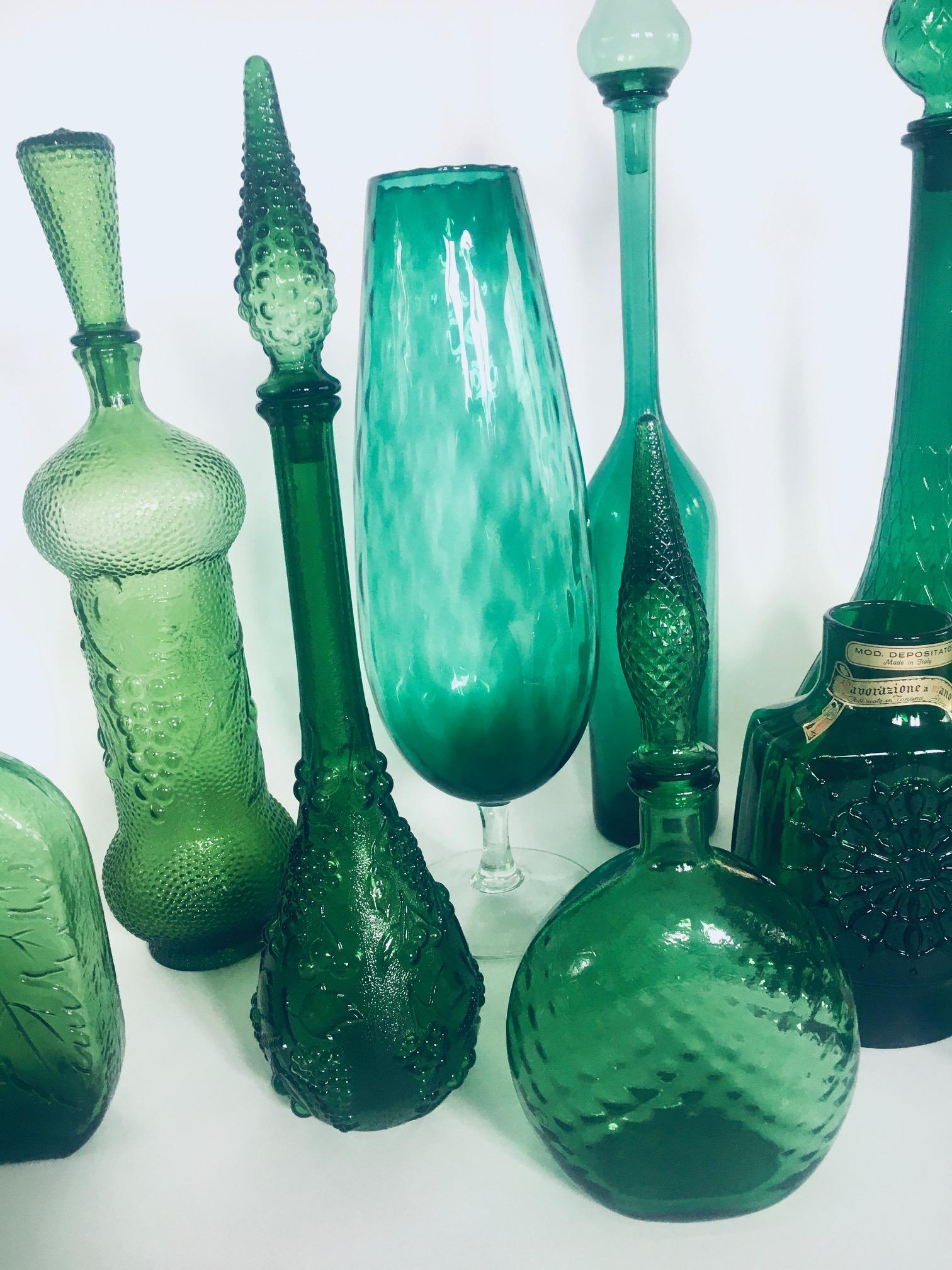 1960's Collection of Vintage Green Glass Vases & Decanters, Set of 12 For Sale 9