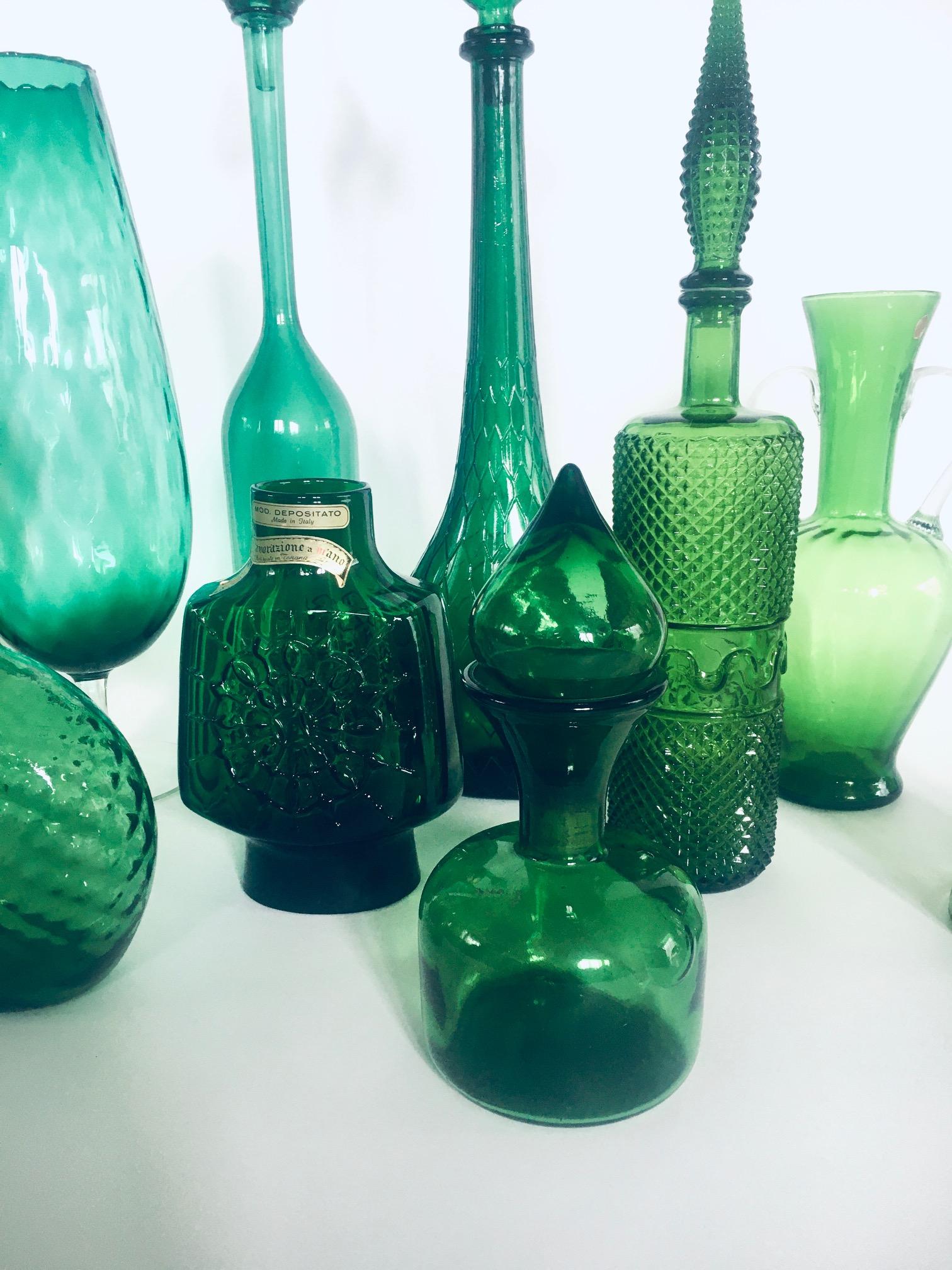 1960's Collection of Vintage Green Glass Vases & Decanters, Set of 12 For Sale 10