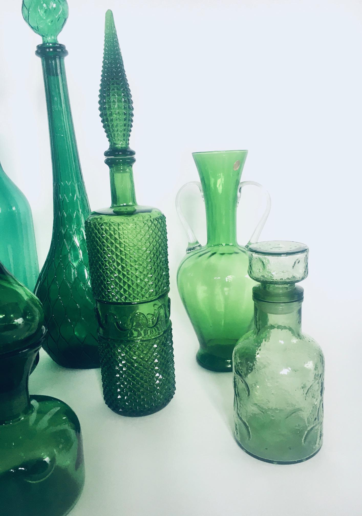 1960's Collection of Vintage Green Glass Vases & Decanters, Set of 12 For Sale 11