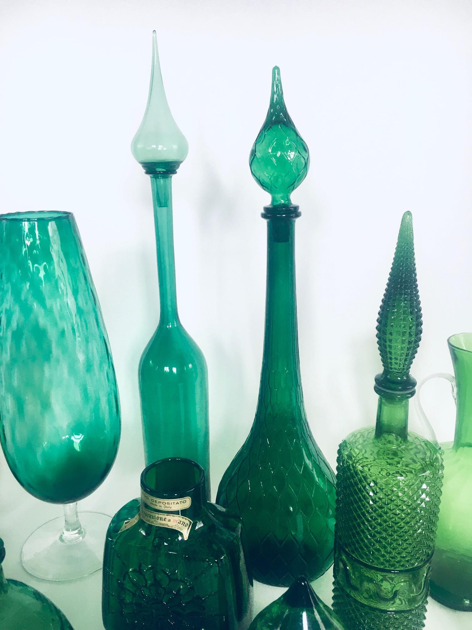 1960's Collection of Vintage Green Glass Vases & Decanters, Set of 12 For Sale 12