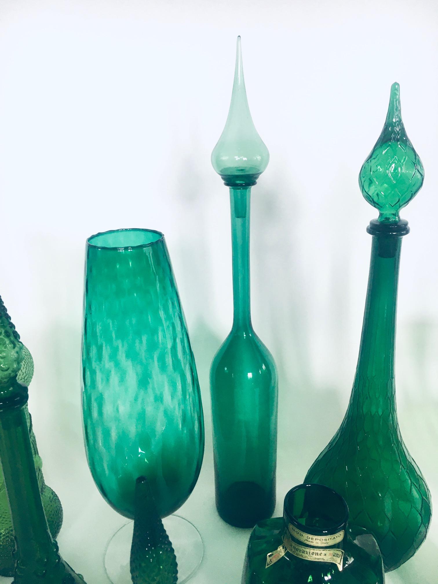1960's Collection of Vintage Green Glass Vases & Decanters, Set of 12 For Sale 13