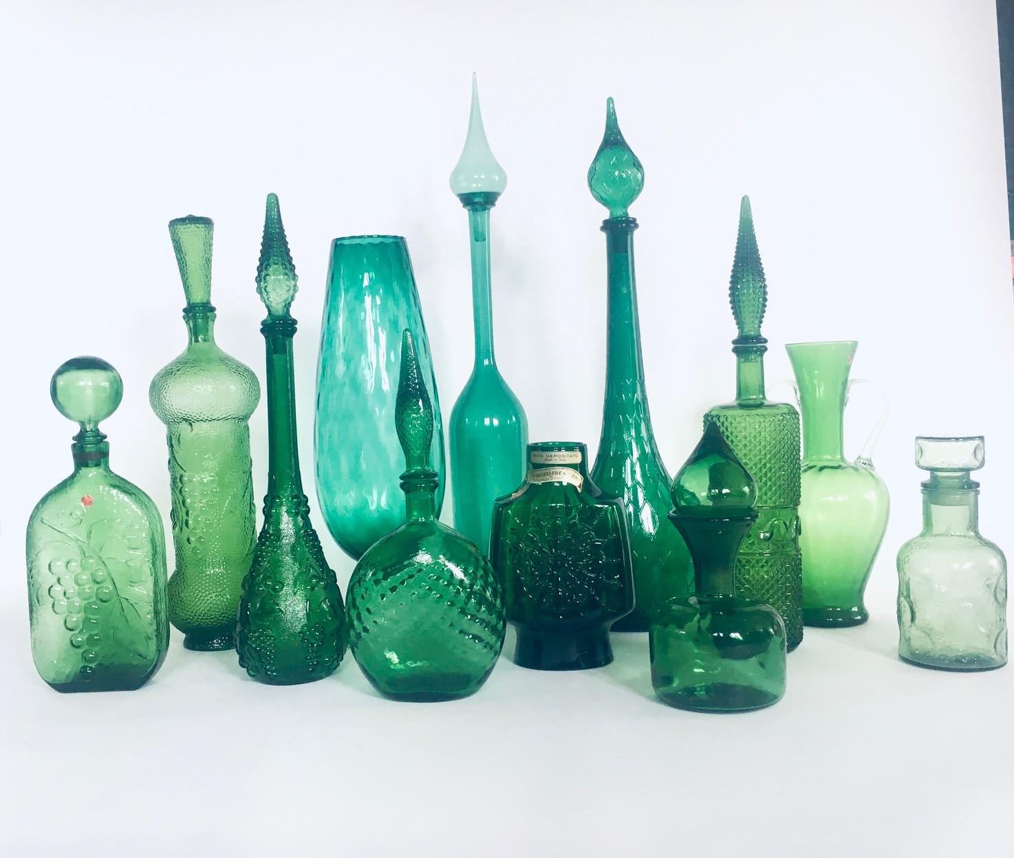 Mid-Century Modern 1960's Collection of Vintage Green Glass Vases & Decanters, Set of 12 For Sale