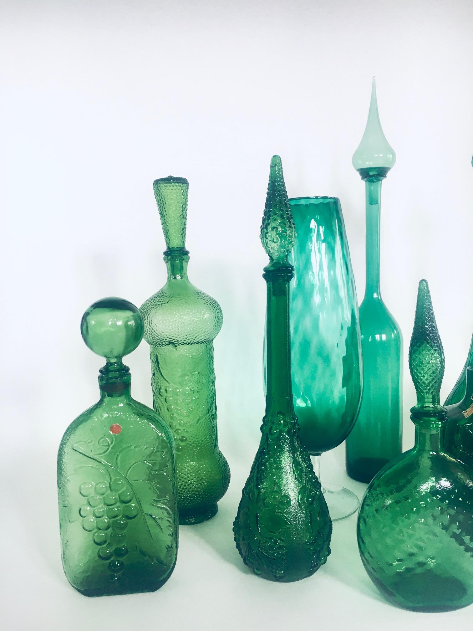 Italian 1960's Collection of Vintage Green Glass Vases & Decanters, Set of 12 For Sale
