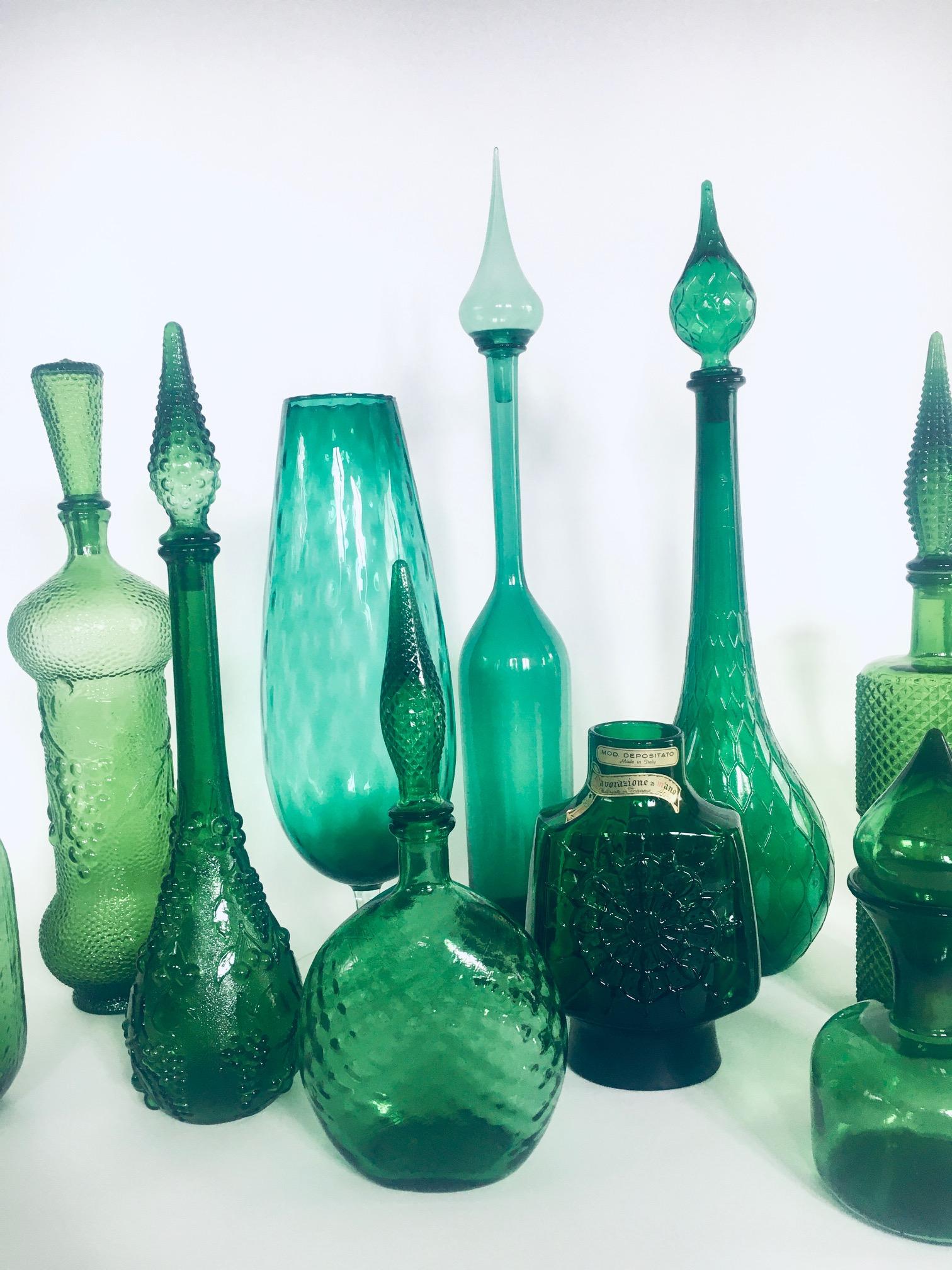 1960's Collection of Vintage Green Glass Vases & Decanters, Set of 12 In Good Condition For Sale In Oud-Turnhout, VAN