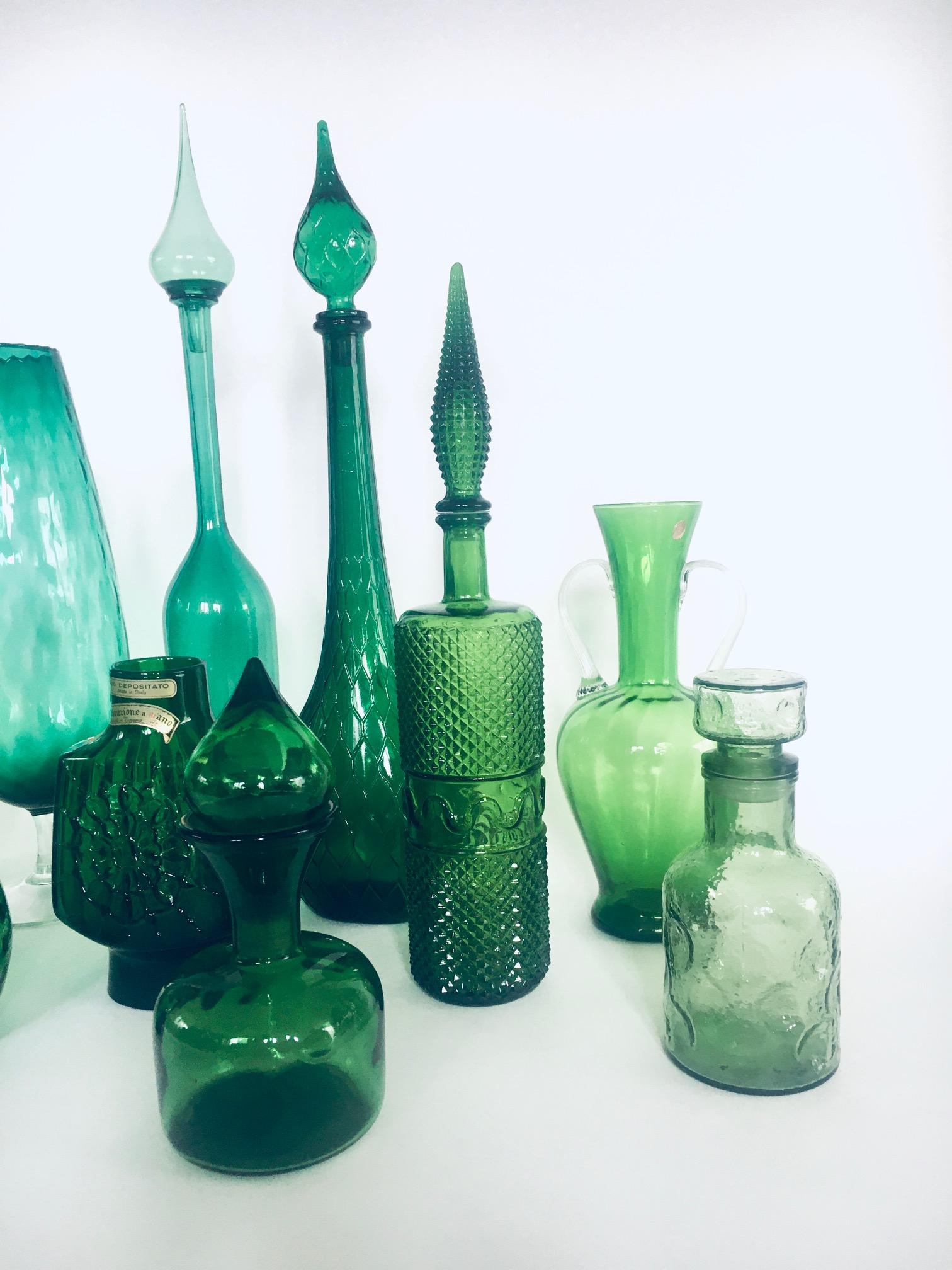 1960's Collection of Vintage Green Glass Vases & Decanters, Set of 12 For Sale 1