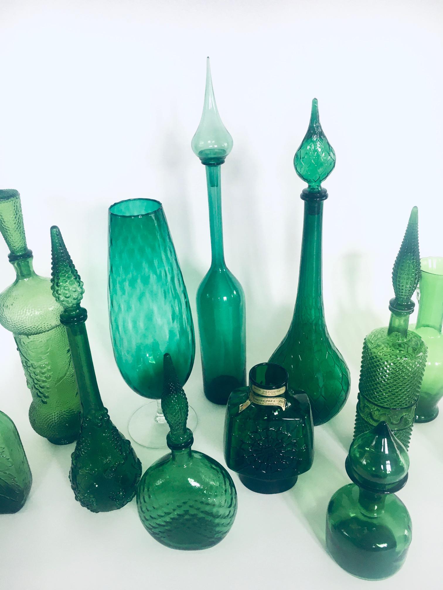 1960's Collection of Vintage Green Glass Vases & Decanters, Set of 12 For Sale 2