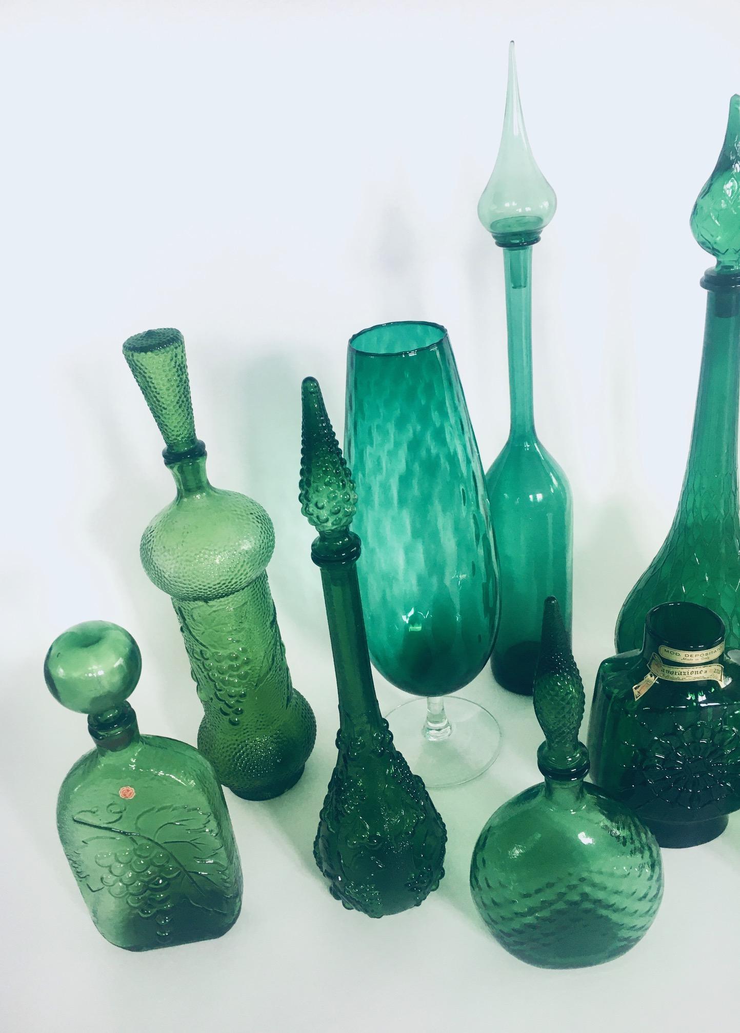 1960's Collection of Vintage Green Glass Vases & Decanters, Set of 12 For Sale 3