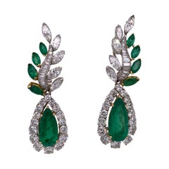 1960's Colombian Emerald Diamond Platinum 18 Karat Yellow Gold Drop Earrings AGL