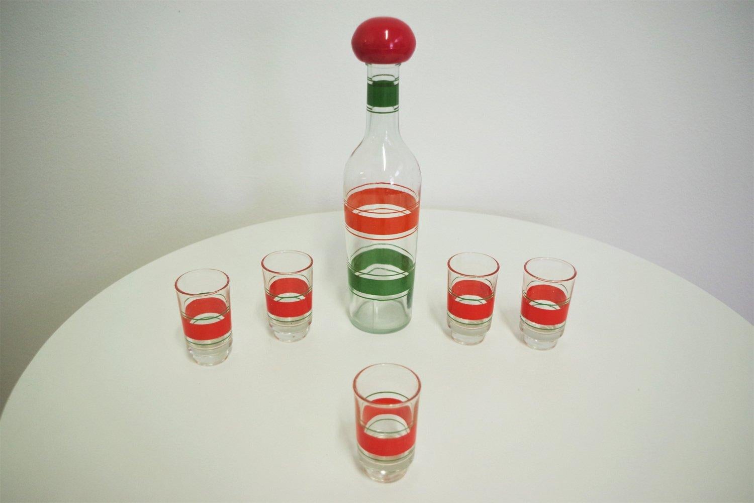 1960er Jahre Buntglas-Likör-Set - 5 Gläser & Dekanter (Glas) im Angebot
