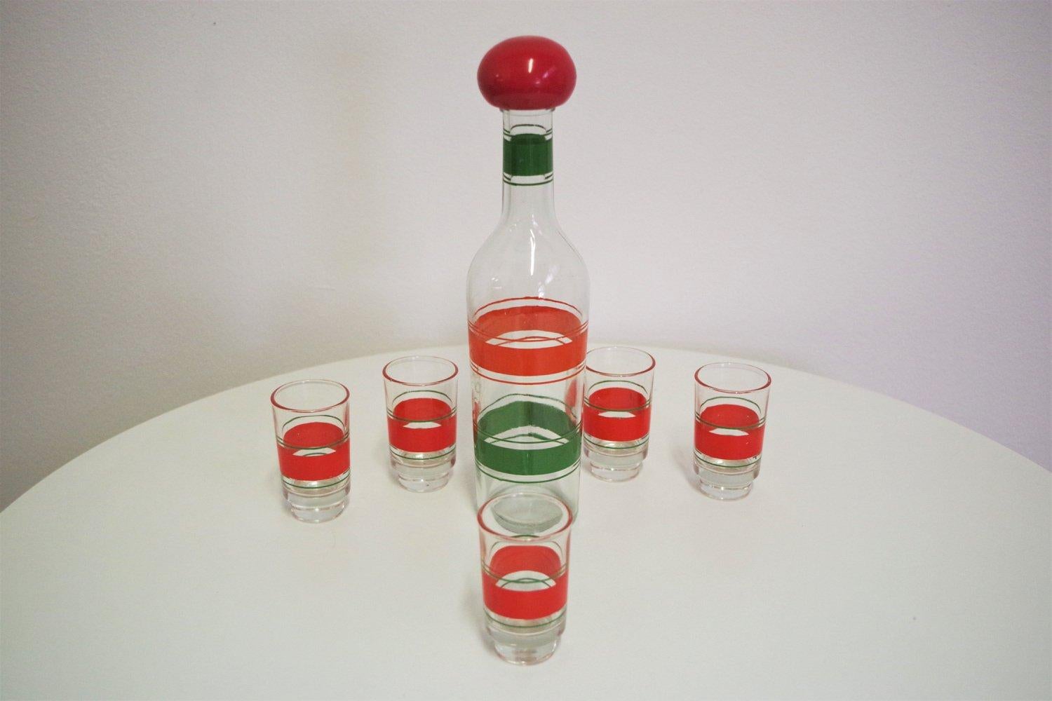 1960er Jahre Buntglas-Likör-Set - 5 Gläser & Dekanter im Angebot 1
