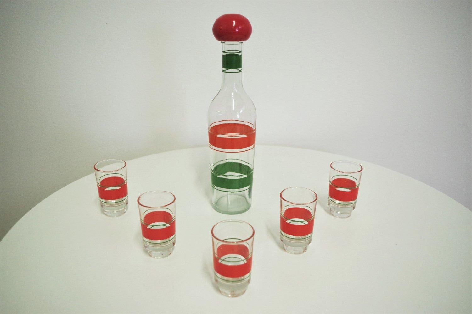 1960er Jahre Buntglas-Likör-Set - 5 Gläser & Dekanter im Angebot 2