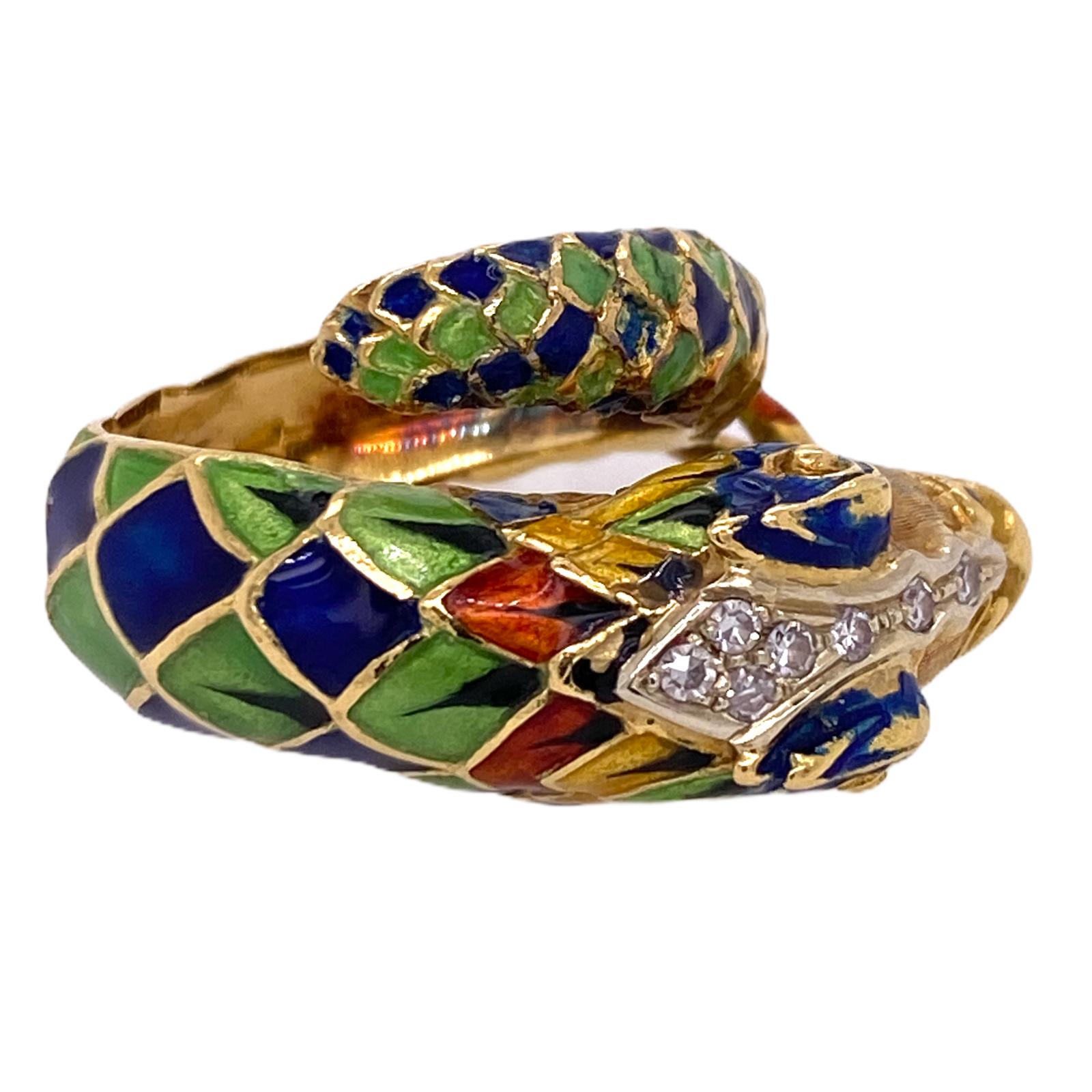 Modern 1960s Colorful Enamel Diamond Snake Wrap Around Ring 18 Karat Yellow Gold