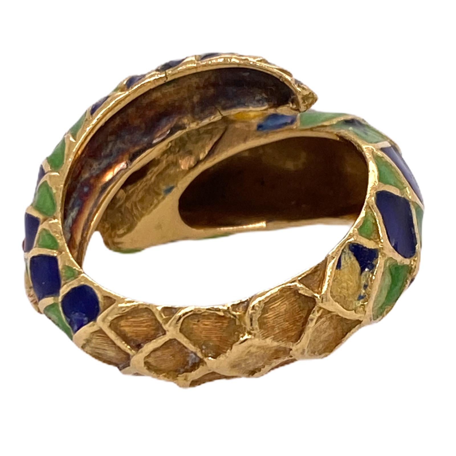 Single Cut 1960s Colorful Enamel Diamond Snake Wrap Around Ring 18 Karat Yellow Gold