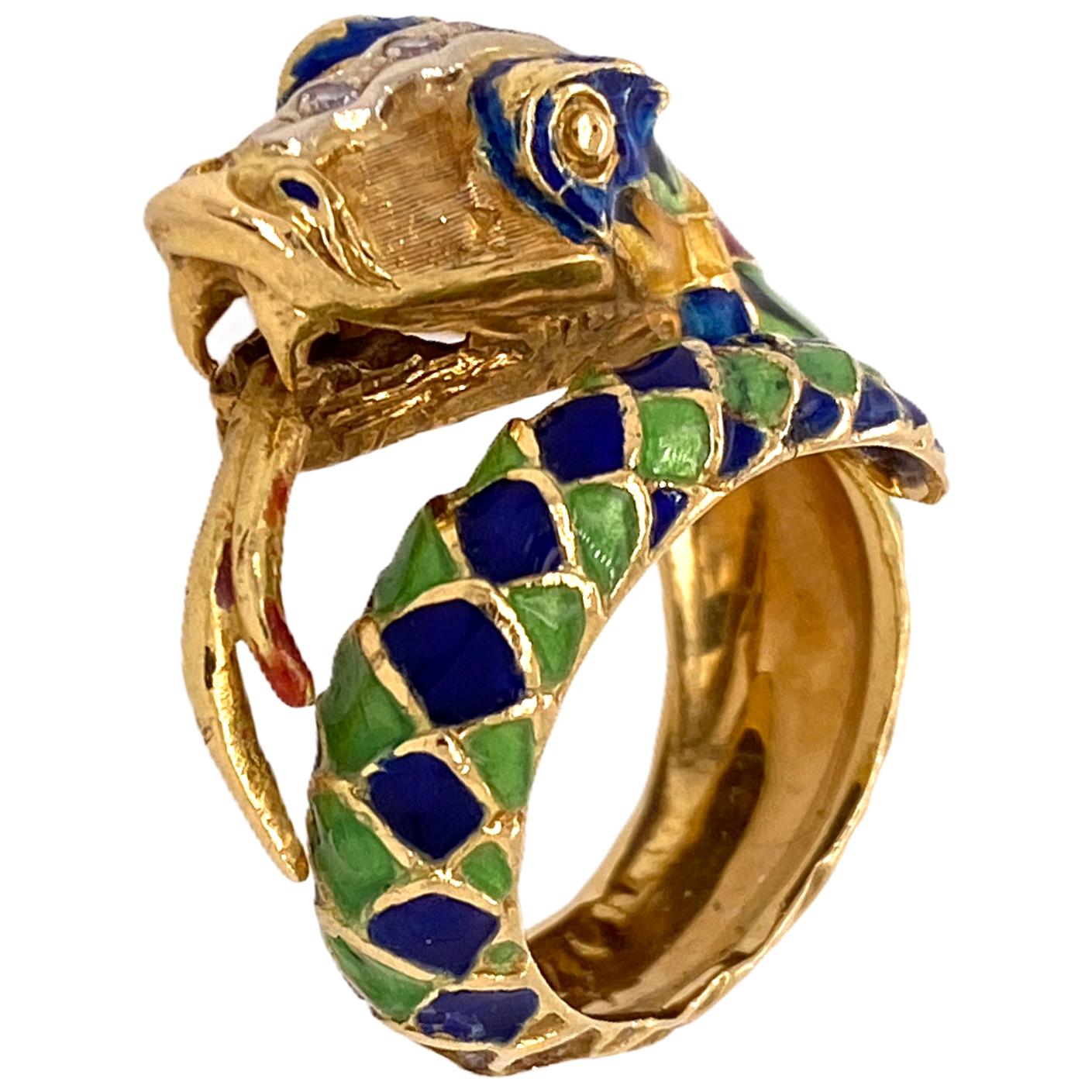 1960s Colorful Enamel Diamond Snake Wrap Around Ring 18 Karat Yellow Gold