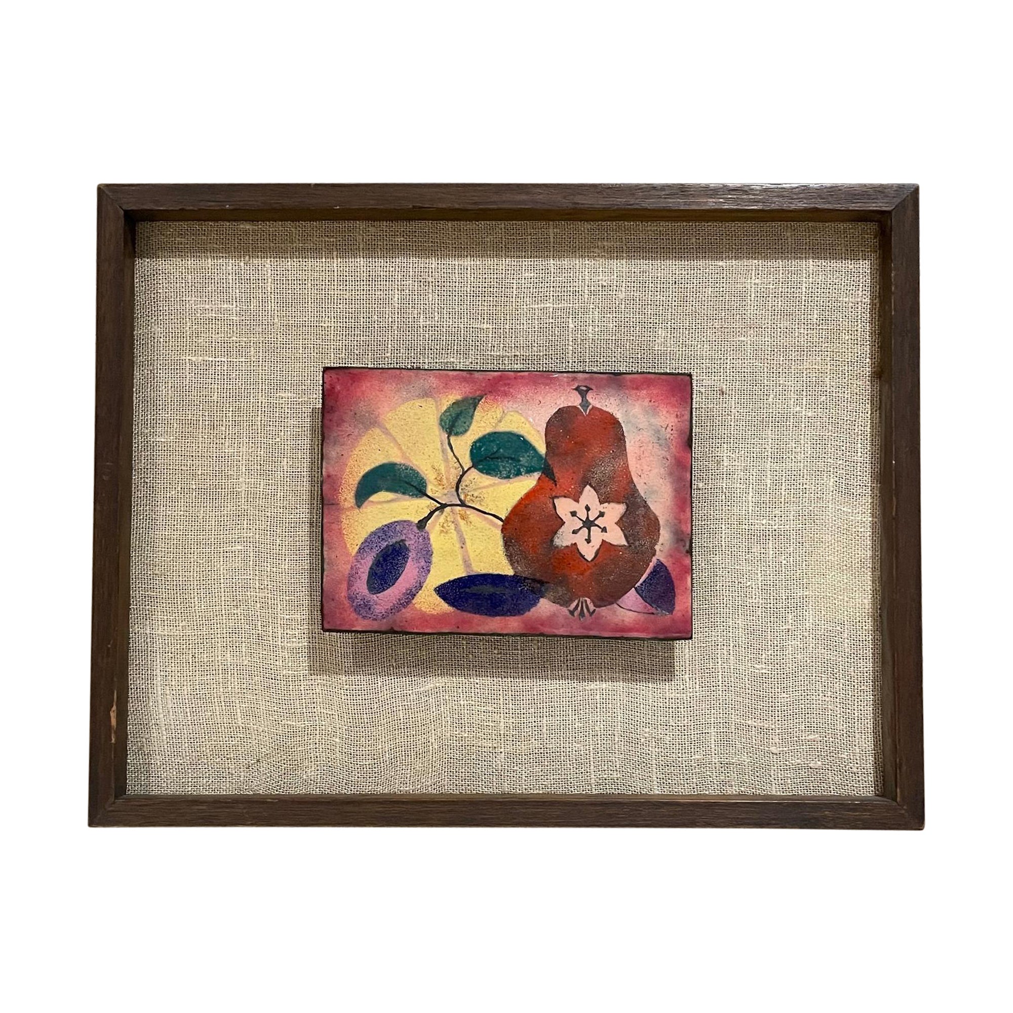 1960er Jahre Buntes modernes Stillleben Emaille Wandkunst Abstrakte Früchte auf Tisch Signiert im Angebot