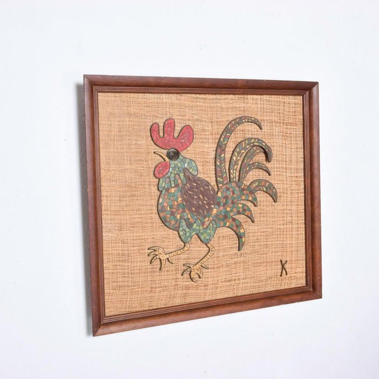 1960s Colorful Rooster Mixed Media Mosaic Wall Art Bronze Tiles Signed K In Good Condition For Sale In Chula Vista, CA