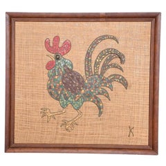 1960s Colorful Rooster Mixed Media Mosaic Wall Art Bronze Tiles Signed K