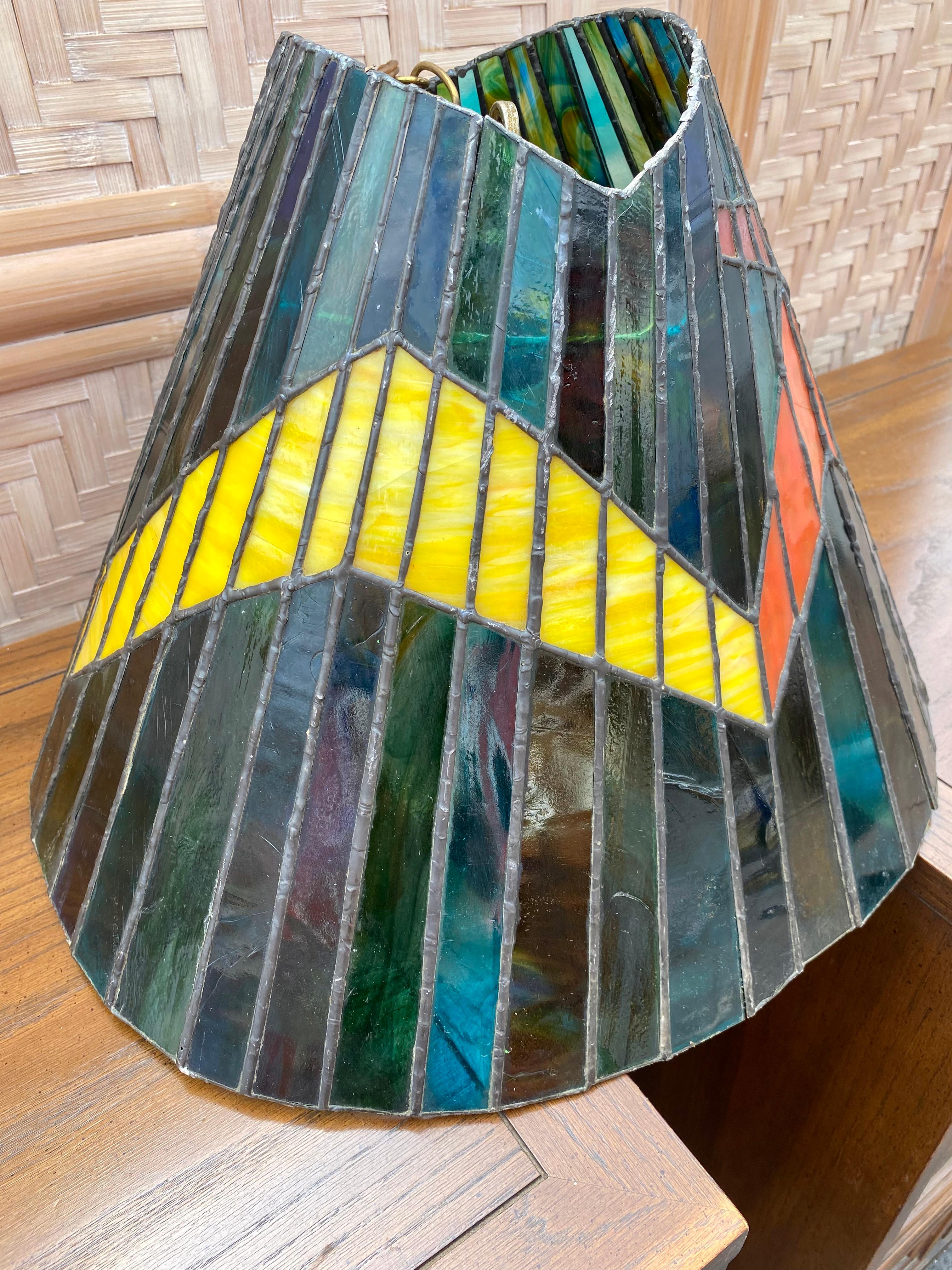 1960s Colorful Slag Glass Hanging Lamp Pendant  In Good Condition For Sale In Fort Lauderdale, FL