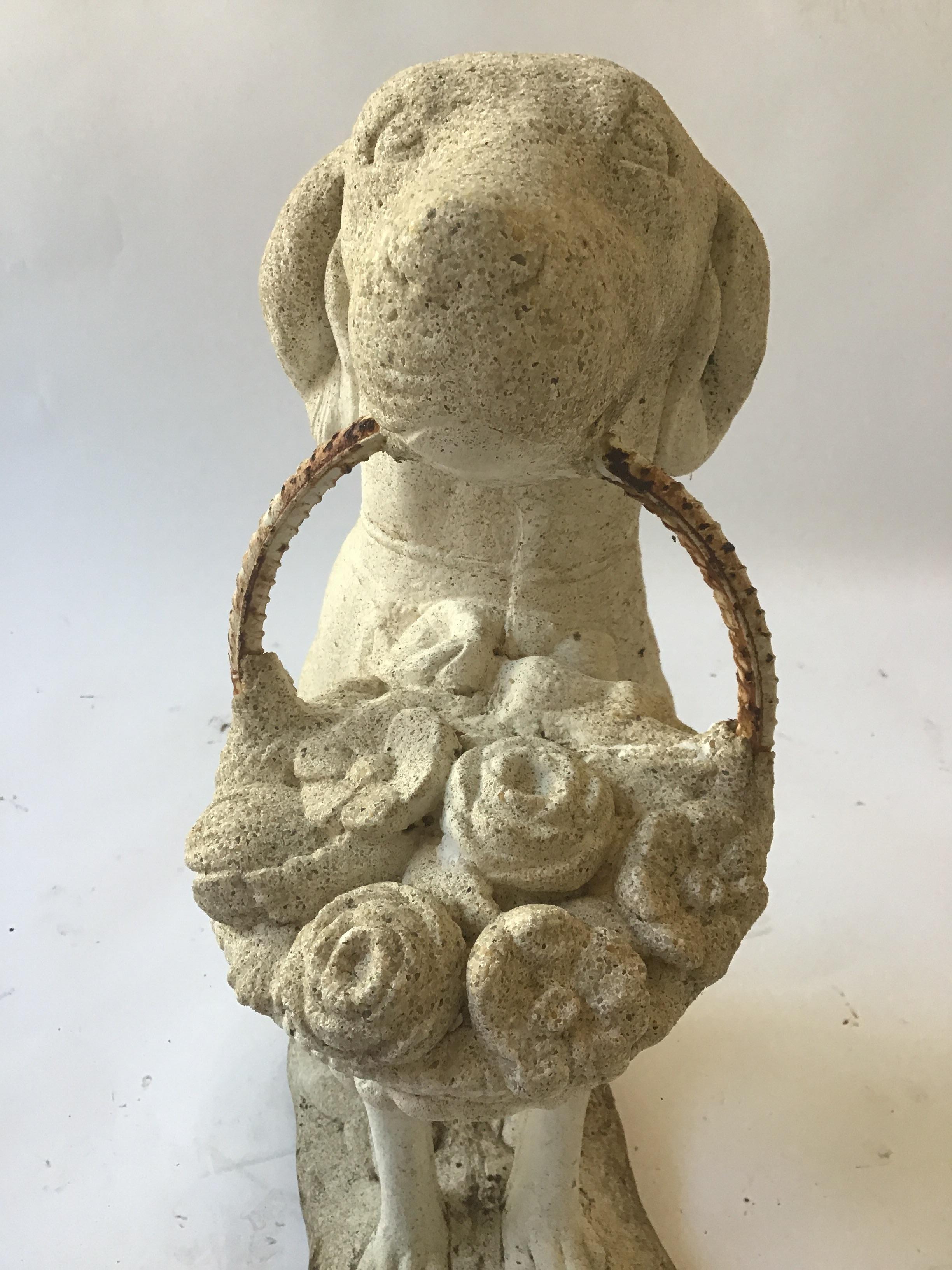 1960s Concrete Dog Holding Basket of Flowers In Good Condition For Sale In Tarrytown, NY
